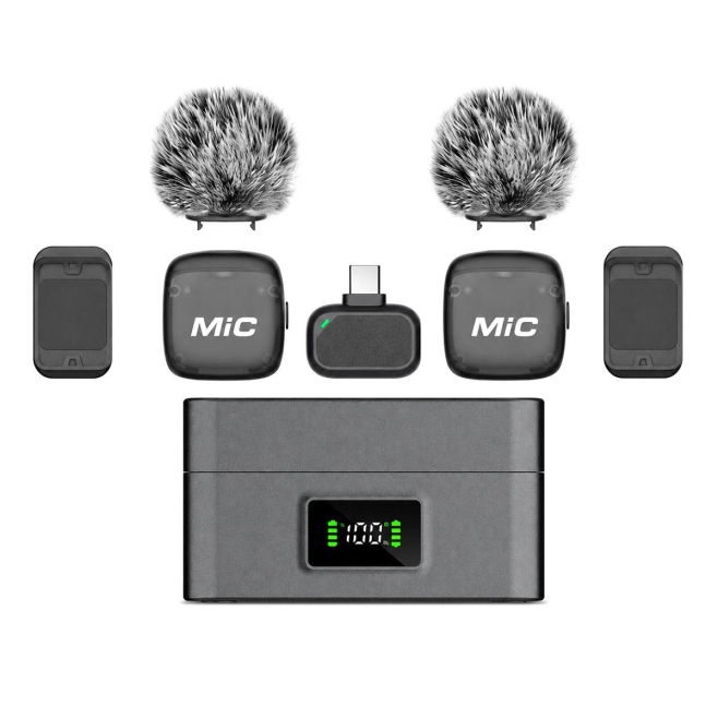 Microphone Cravate Sans Fil Pour Vidéo Réduction Du Bruit Par IA Récepteur Type C Boîtier De Charge Autonomie 24 Heures