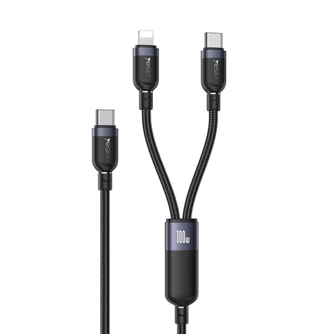 Câble De Charge USB-C Vers 8 Broches 2 En 1 100 W Pour Ordinateur Portable Et Téléphone Sortie 27 W Tressé 120 cm
