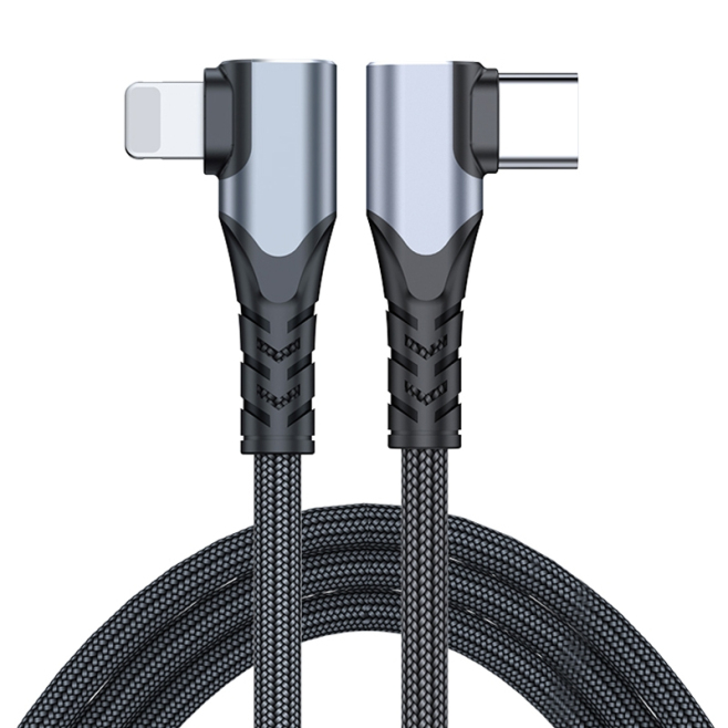 Câble USB C Vers 8 Pin De Charge Et De Données 20 W 2 m À Double Coude 90° En Nylon Tressé Durable