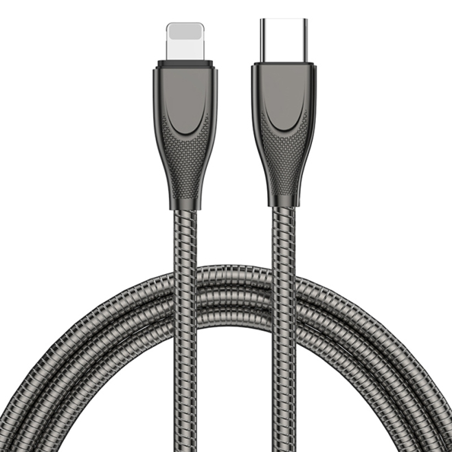 Câble USB C Vers 8 Pin Pour Charge Rapide Et Transfert De Données Gaine Inoxydable Anti Enroulement 27 W 1 m