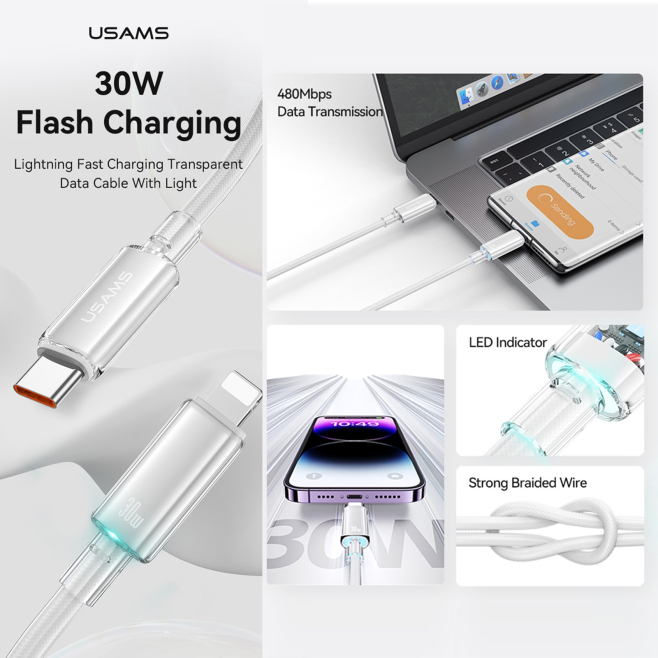 Câble Type C Vers 8 Pin Pour Charge Rapide 30 W Et Transfert De Données 480 MB/s Avec LED Tressé 1,2 M Noir