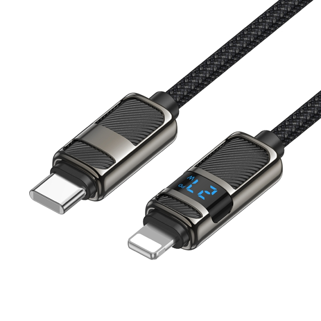 Câble USB-C Vers 8 Pin De Charge Et Données Avec Affichage PD 27 W 1,2 M Noir Tressé