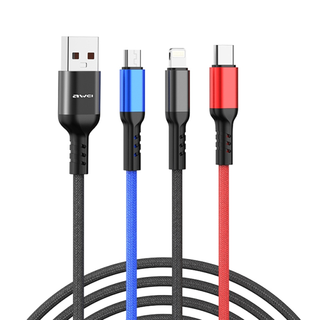 Câble De Charge Et De Données 3 En 1 Charge Rapide Simultanée 8 Pin Micro USB USB C 2.4 A 1.2 M