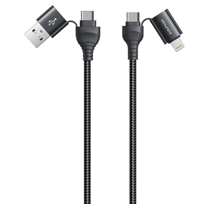 Câble De Charge Et De Données 4 En 1 USB Type-C 8Pin Jusqu’à 60 W 120 cm Tressé Avec Coque En Aluminium