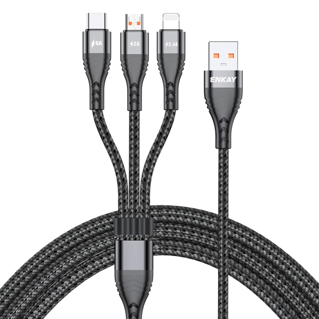 Câble De Charge 3 En 1 USB C 8 Pin Micro USB Jusqu’à 6A Charge Rapide Et Transfert De Données 480 Mbps
