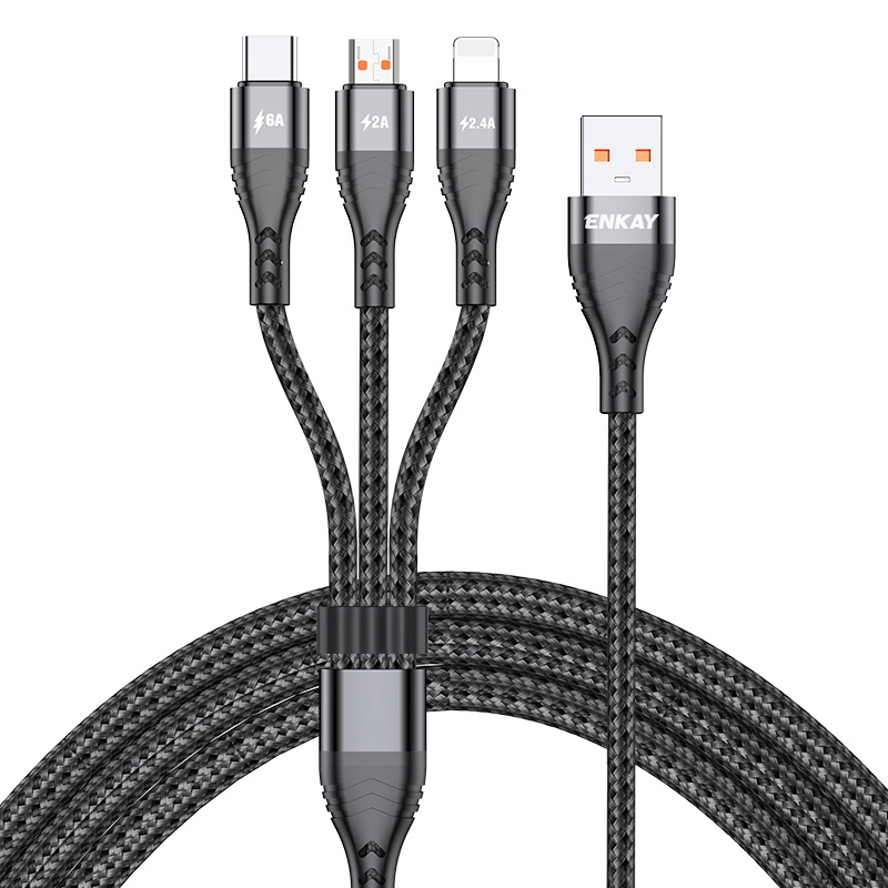 Câble de Charge 3 en 1 6 A USB Type-C 8 Pin Micro USB Tressé 1 m - No