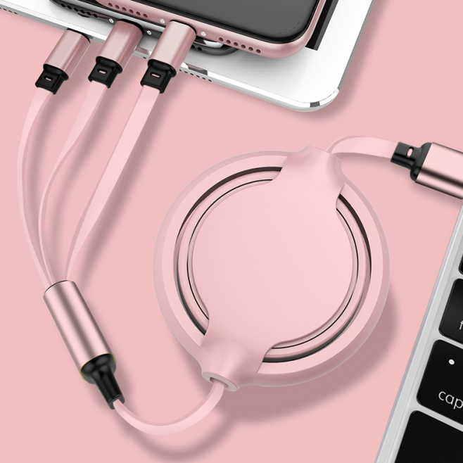 Câble De Charge Et Synchronisation 3 En 1 USB Vers USB C 8 Pin Et Micro USB Rétractable En Silicone Liquide 3.5 A