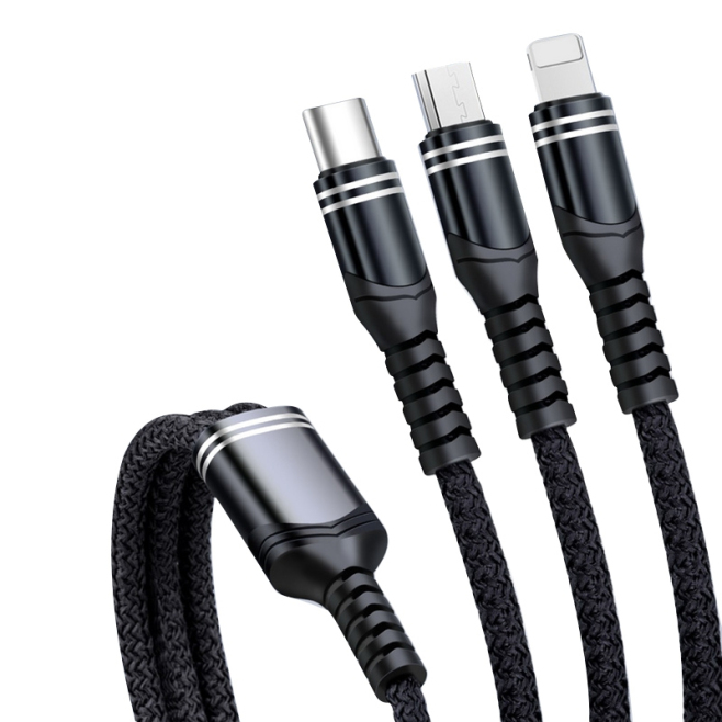 Câble USB 3 En 1 Charge Rapide 6A 66W Tressé 8 Pin Micro USB USB-C Résistant et Universel
