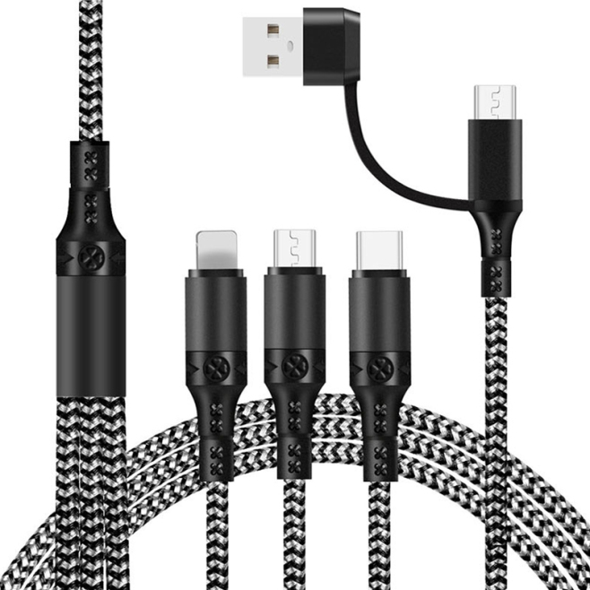 Câble De Charge Rapide 5 En 1 À Double Entrée USB USB C 3A Pour 3 Téléphones Nylon Tressé 1,2 M
