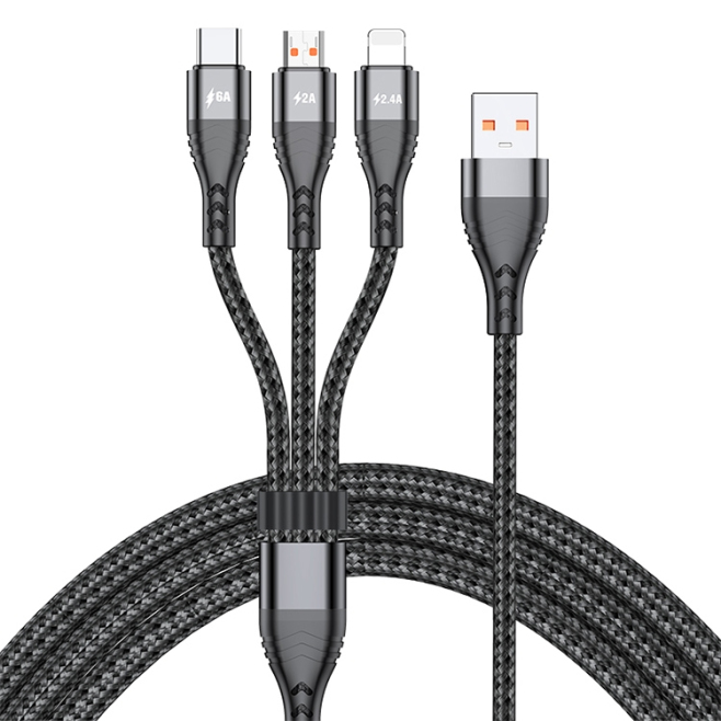 Câble De Charge Rapide 3 En 1 66W Tressé Nylon Pour 3 Appareils USB-C Micro USB 8 Pin 1,2 mres
