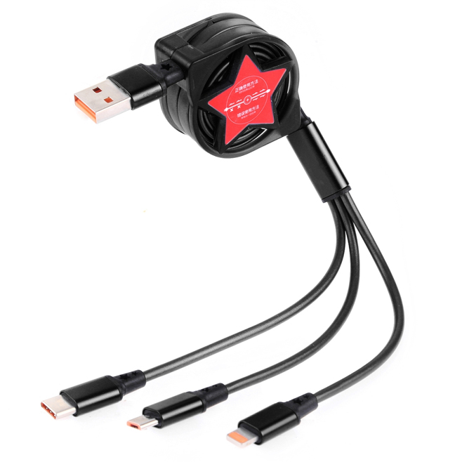 Câble USB 3 En 1 Rétractable 1,2 m Pour Charge Stable Transfert De Données USB-C 8 Pin Et Micro USB Rouge