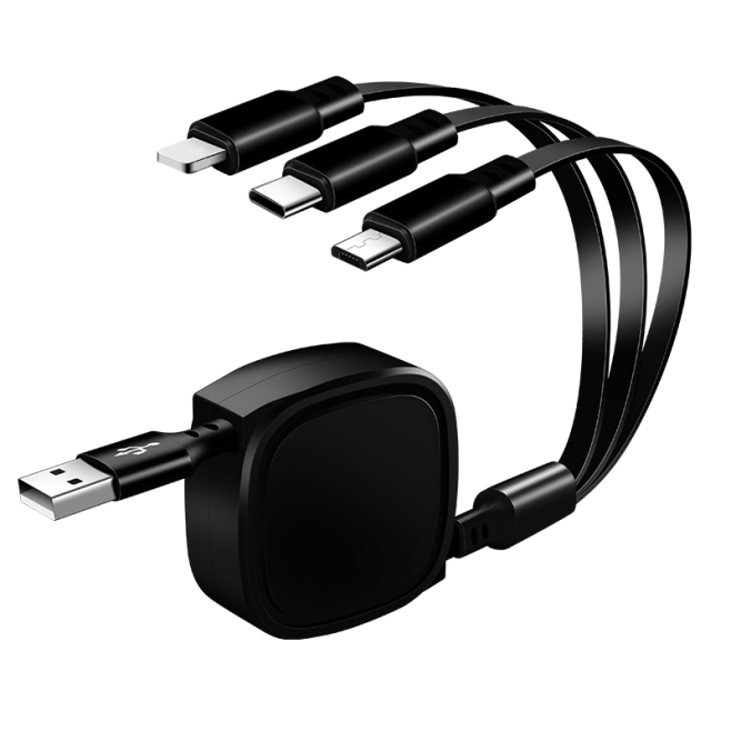 Câble De Charge 3 En 1 Rétractable USB Vers USB C 8 Broches Et Micro USB 3.5 A Max Pour Charge Et Données