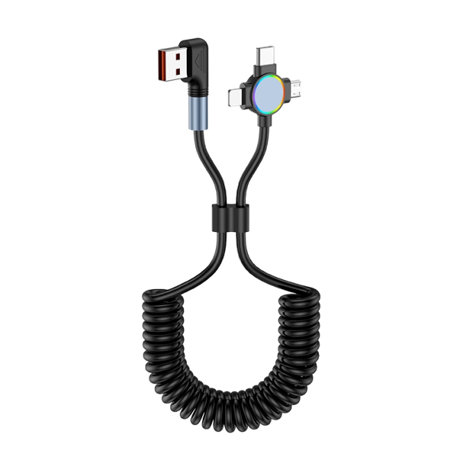 Câble De Charge Et Données 3 En 1 Pour Voiture USB C 66 W 8 Pin Micro USB Ressort Rétractable 1.5 M À 90°
