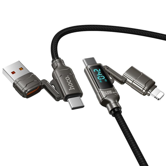 Câble De Charge Et Données 4 En 1 240W PD 3.1 Avec Affichage Numérique 1.2 m Tressé Type-C 8-Pin