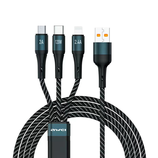 Câble De Charge Rapide Et De Données 3 En 1 USB C 8 Pin Micro USB Pour Trois Appareils À La Fois 120 W 120 cm