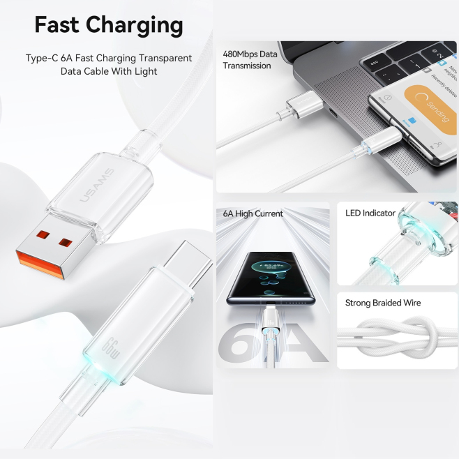 Câble USB Vers Type C 6A Pour Charge Rapide Et Transfert De Données 480 MB/s Tressé Avec LED 120 cm