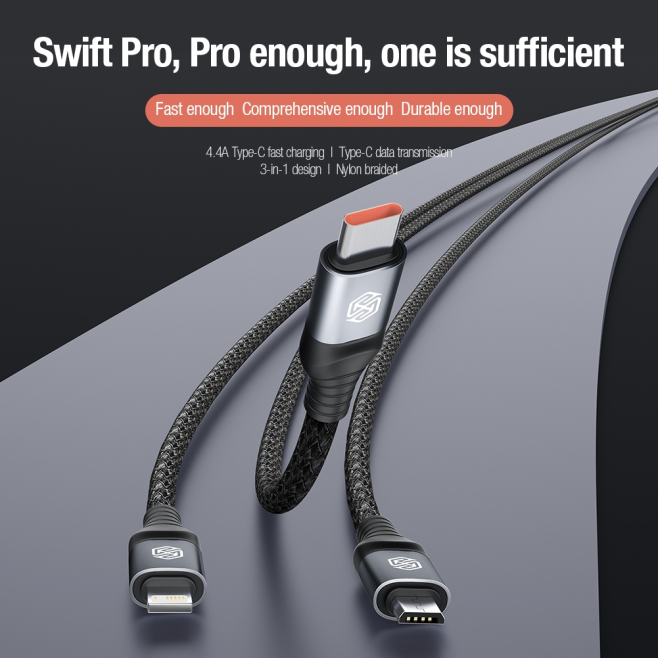 Câble De Charge Rapide 3 En 1 USB Vers 8 Pin Type C Et Micro USB 1 M Sortie Type C 4.4 A Tresse Nylon Renforcée