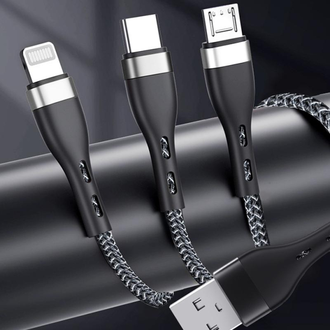 Câble De Charge Rapide USB 3 En 1 66 W Pour 3 Appareils Type C 8 Pin Micro USB Tressé 1 Mètre