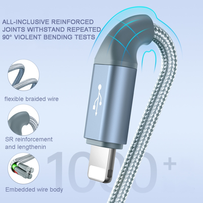 Câble 3 En 1 De Charge Et Données Pour Trois Appareils 3.5 A 8 Pin Micro USB USB C Vers USB A Tressé 1 m