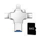 Lecteur De Carte TF 4 En 1 USB C Micro USB 8 Pin USB 2.0 Avec Carte Mémoire 64 Go Pour Transfert De Fichiers OTG