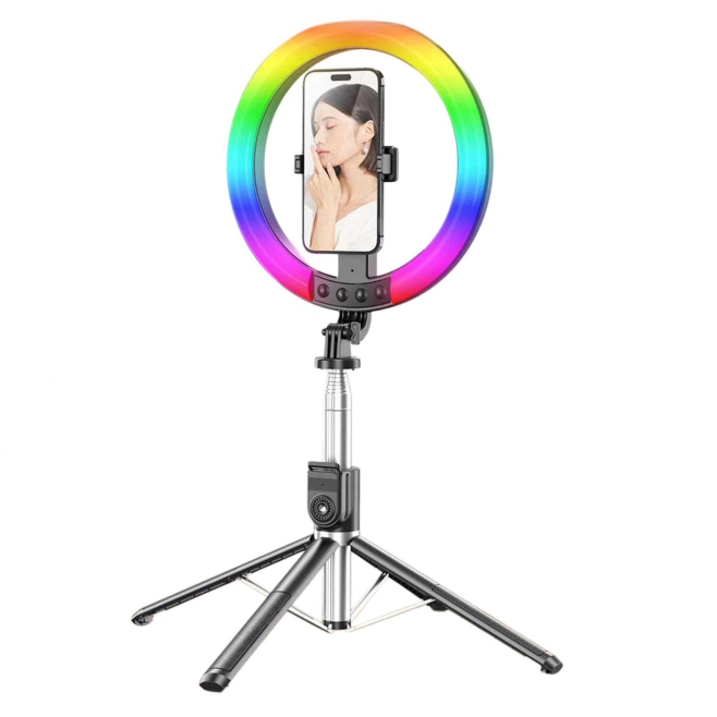 Perche À Selfie Sur Pied Pour Live Streaming Avec Anneau Lumineux 2.3 M 3 Températures 9 Niveaux Télécommande Bluetooth