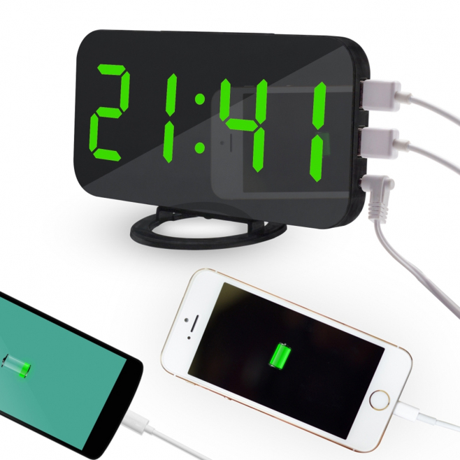 Réveil Multifonction Miroir Affichage LED 2 Ports Chargement USB Ajustement Luminosité Automatique Vert - www.yonis-shop.com