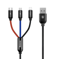 Câble USB 3 En 1 Chargement Rapide iPhone Lightning USB-C Micro USB 30cm Noir