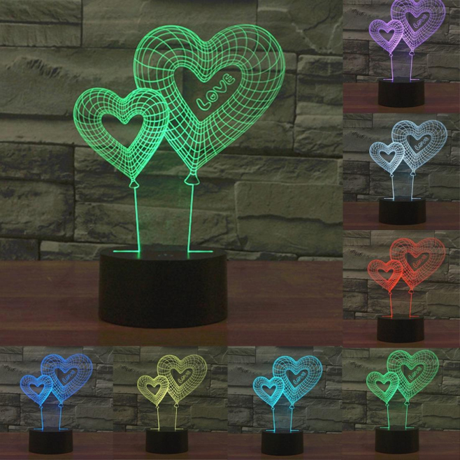 Lampe 3D Style Double Coeur 7 Couleurs Luminaire LED Tactile 0.5W Décoration Chambre Salon Hall Couloir - www.yonis-shop.com