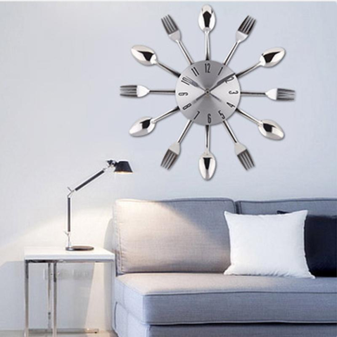 Horloge Murale Créative Quartz Cuisine Salon Couteaux Fourchettes Acier Inoxydable - www.yonis-shop.com