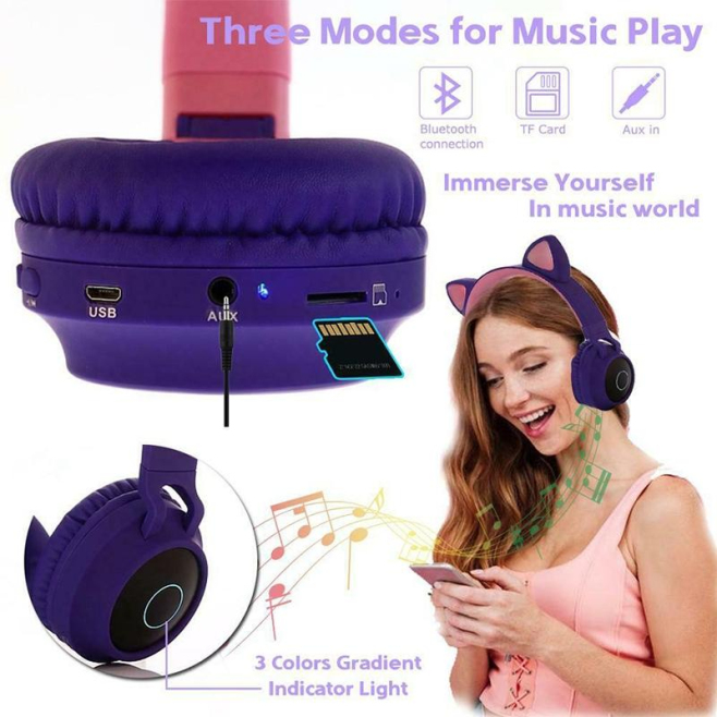 Casque Bluetooth 5.0 Chat Mignon Avec Micro Et Lumière LED, Radio FM, Micro SD, Pliable, Idéal Cadeau Pour Enfants et Ados - ...