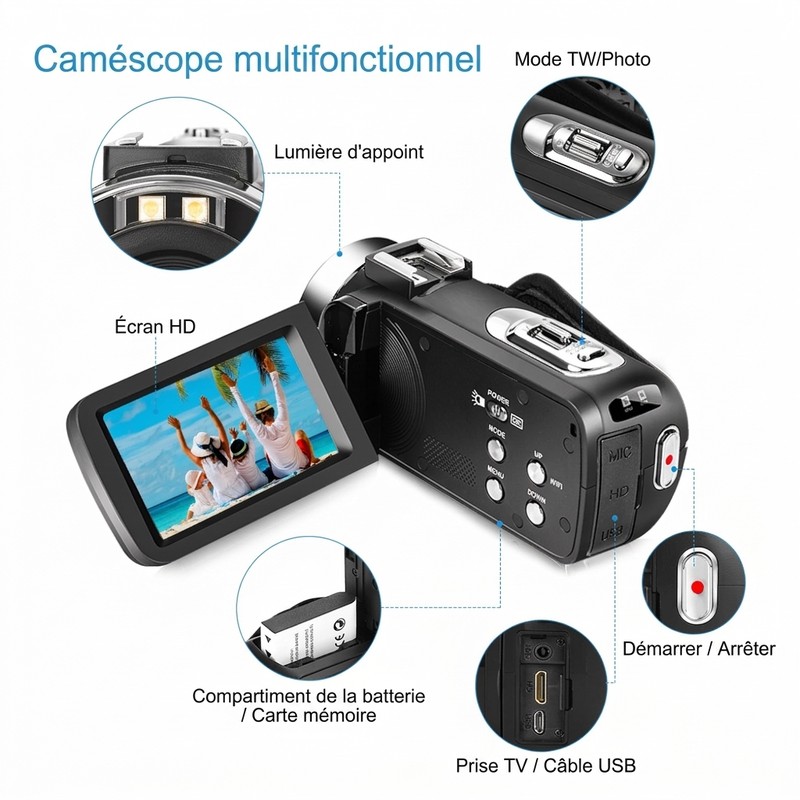 Caméscope WiFi 2,7K avec application compatible Android et iOS
