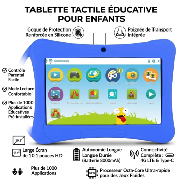 Tablette Enfant Android 13 - 7 Pouces 8Go RAM - Contrôle Parental Et étui Renforcé