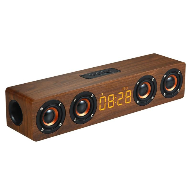 Enceinte Bluetooth Bois Avec Horloge Subwoofer Carte TF & U Disk AUX 3.5mm Micro Intégré Batterie Longue Durée Haut-Parleur 5...