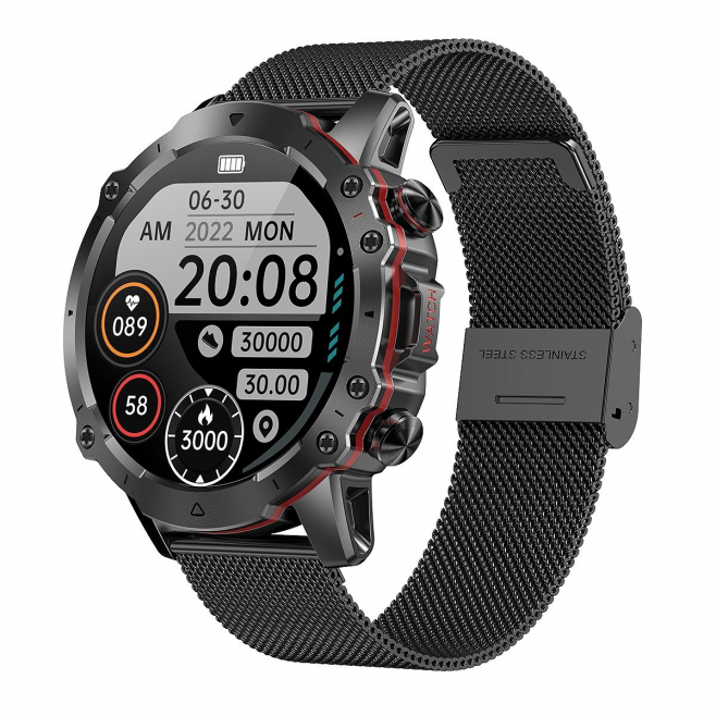 Montre Connectée IP67 Étanche Bluetooth 5.1 Écran 1.43 Pouces Appels Voix Surveillance Santé Bracelet Maille Acier Argent Com...