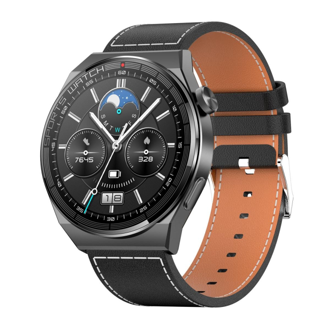 Montre Connectée Écran TFT 1.36 Pouces Appels Bluetooth Surveillance Oxygène Sanguin Bracelet Cuir Noir Charge Sans Fil IP68 ...