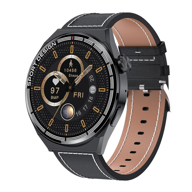 Montre Connectée Étanche IP68 Écran Noir 1.60 Pouces Bracelet Cuir Appels Bluetooth et Sports Multimodes Moniteur de Santé Co...