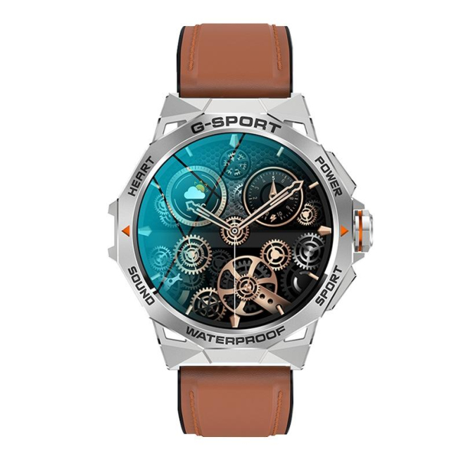 Montre Connectée Sportive Étanche 1.43 Pouces Bluetooth Appels Musique Notifications Santé Cuir Marron Compatibilité IOS Andr...