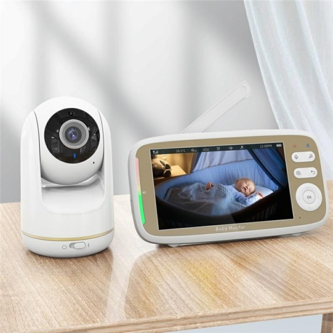 Babyphone Camera HD 5 Pouces Moniteur Bébé PTZ Rotation Vision Nocturne Température Voix Bidirectionnelle Berceuses - www.yon...