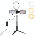 Kit Ring Light LED 16cm Avec Trépied Support Double Téléphone Et Tige Extensible Pour Vlogging Et Diffusion En Direct - www.y...