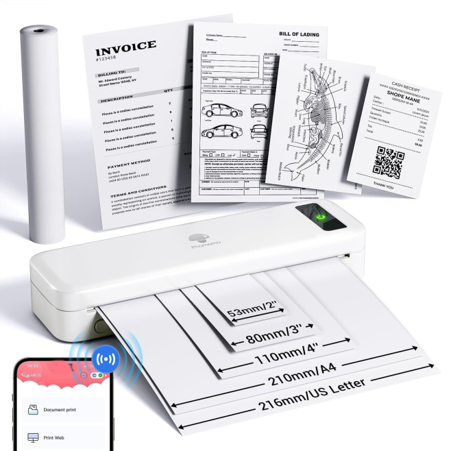 Mini Imprimante Sans Fil Bluetooth Haute Résolution 300 DPI Portable et Légère Batterie Rechargeable 2600mAh Compatible Multi...