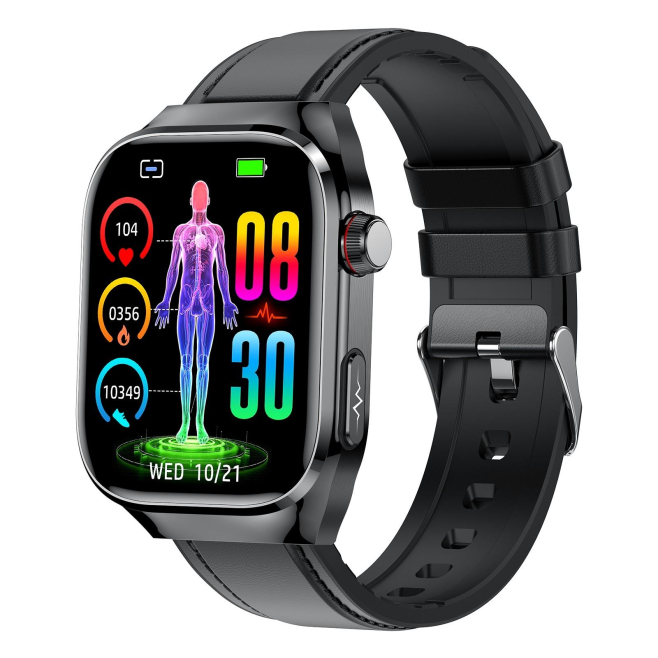 Montre Connectée Écran LCD 2.04 Pouces Bracelet Cuir Surveillance Santé Étanche IP68 Bluetooth Appels et Notifications - www....