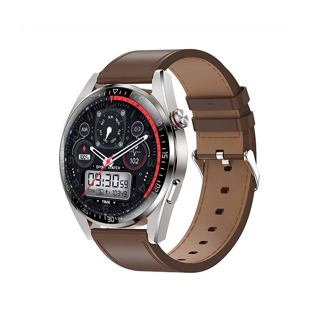 Montre Connectée Écran AMOLED 1.43 Pouces Argent Bracelet Cuir Surveillance Cardiaque Pression Artérielle Bluetooth Appels Sp...