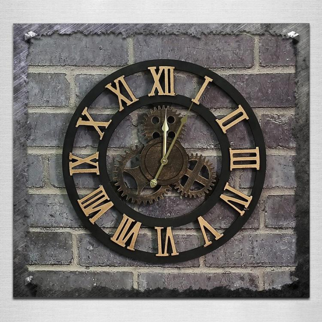 Horloge Murale Style Industriel Vintage Bois Engrenage Ancien Argenté 50cm Idéale Cadeau Maison - www.yonis-shop.com