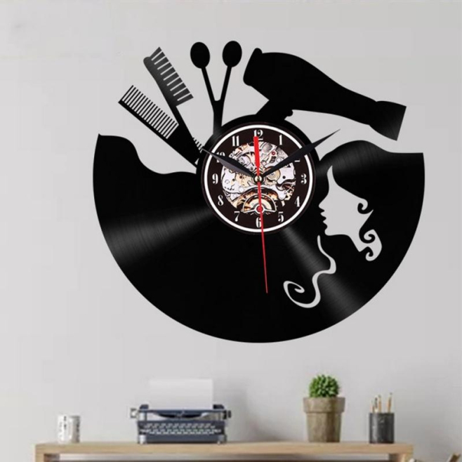 Horloge Murale Vinyle 3D Rétro Fille Coiffure Décoration Salon Mouvement Silencieux 12 Pouces - www.yonis-shop.com