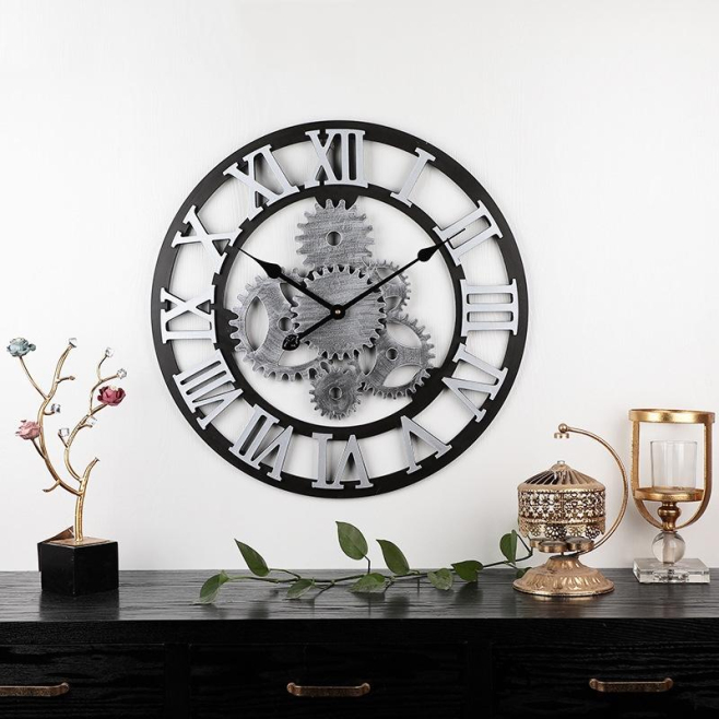 Horloge Murale Silencieuse Ronde En Bois Vintage Avec Chiffres Romains 58cm 3D Rétro Pour Décoration Artistique - www.yonis-s...