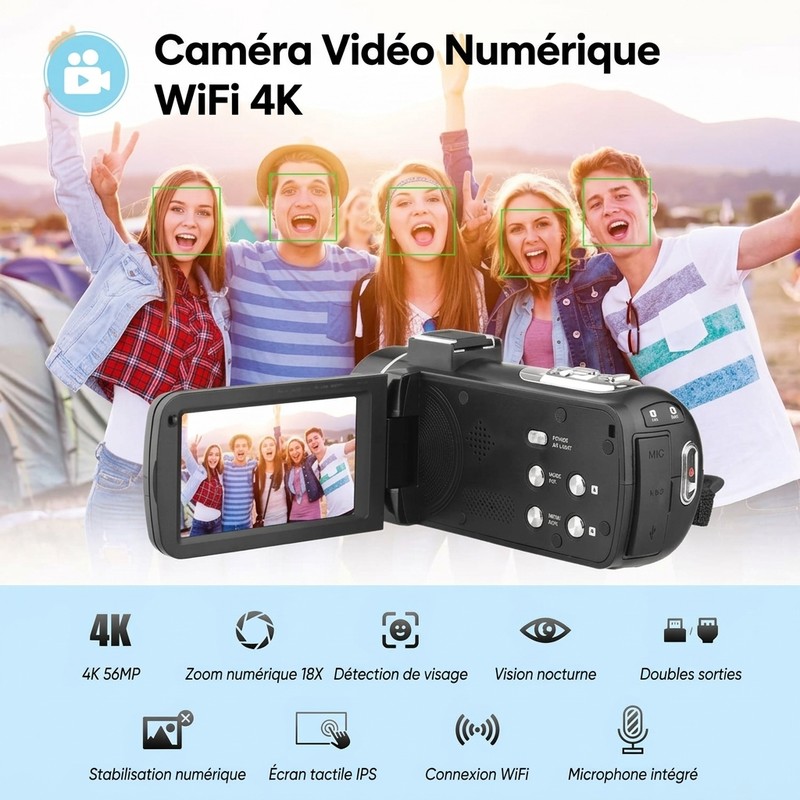 Caméscope 4K Numérique Avec Zoom 18x - Écran Tactile IPS 3 Pouces - Stabilisation Anti-secousses - Remote Inclus - 3