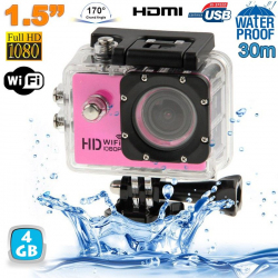 Caméra sport WiFi embarquée plongée caisson 12MP HD 1080P Rose 4 Go