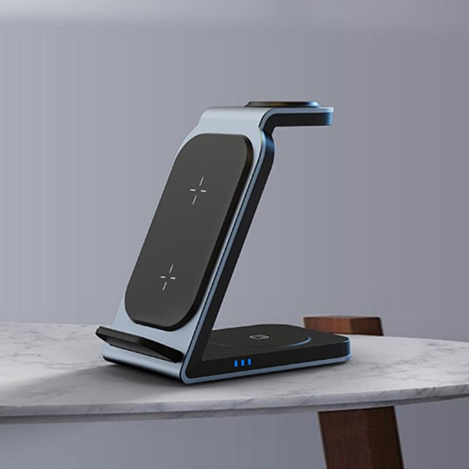 Chargeur Sans Fil Vertical 3 en 1 en Métal Argenté Compact et Efficace pour Téléphones AirPods et Apple Watch - www.yonis-sho...