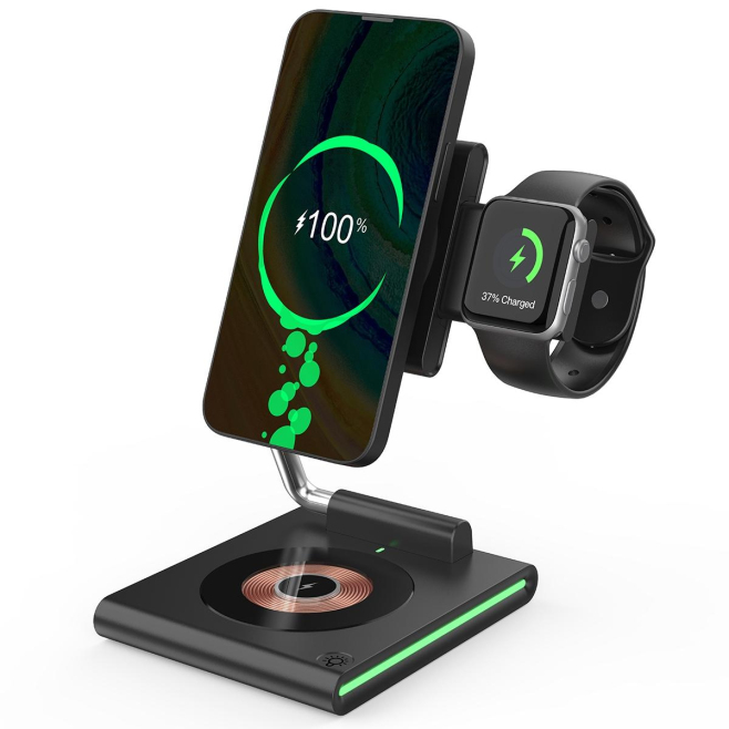 Chargeur Sans Fil 3 en 1 Pliable Magnétique Portable Puissance 15W Pour Recharger Simultanément Vos Appareils En Toute Sécuri...