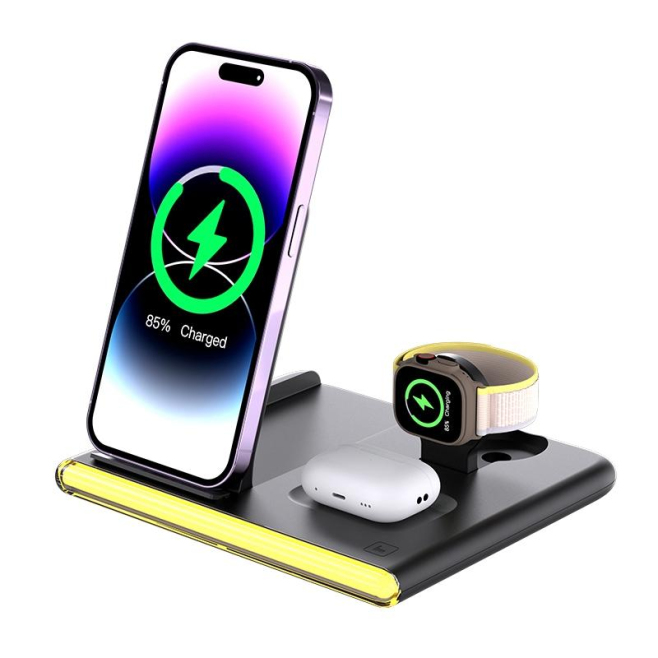 Chargeur Sans Fil Magnétique Pliable 4 en 1 avec Lumière d'Ambiance Charge Simultanée de 3 Appareils - www.yonis-shop.com